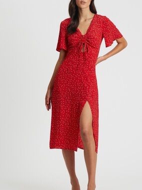 SAVEL Arianne Midi Dress Floral Boho Cutout Angel Sleeve Split V-Neck Size 8